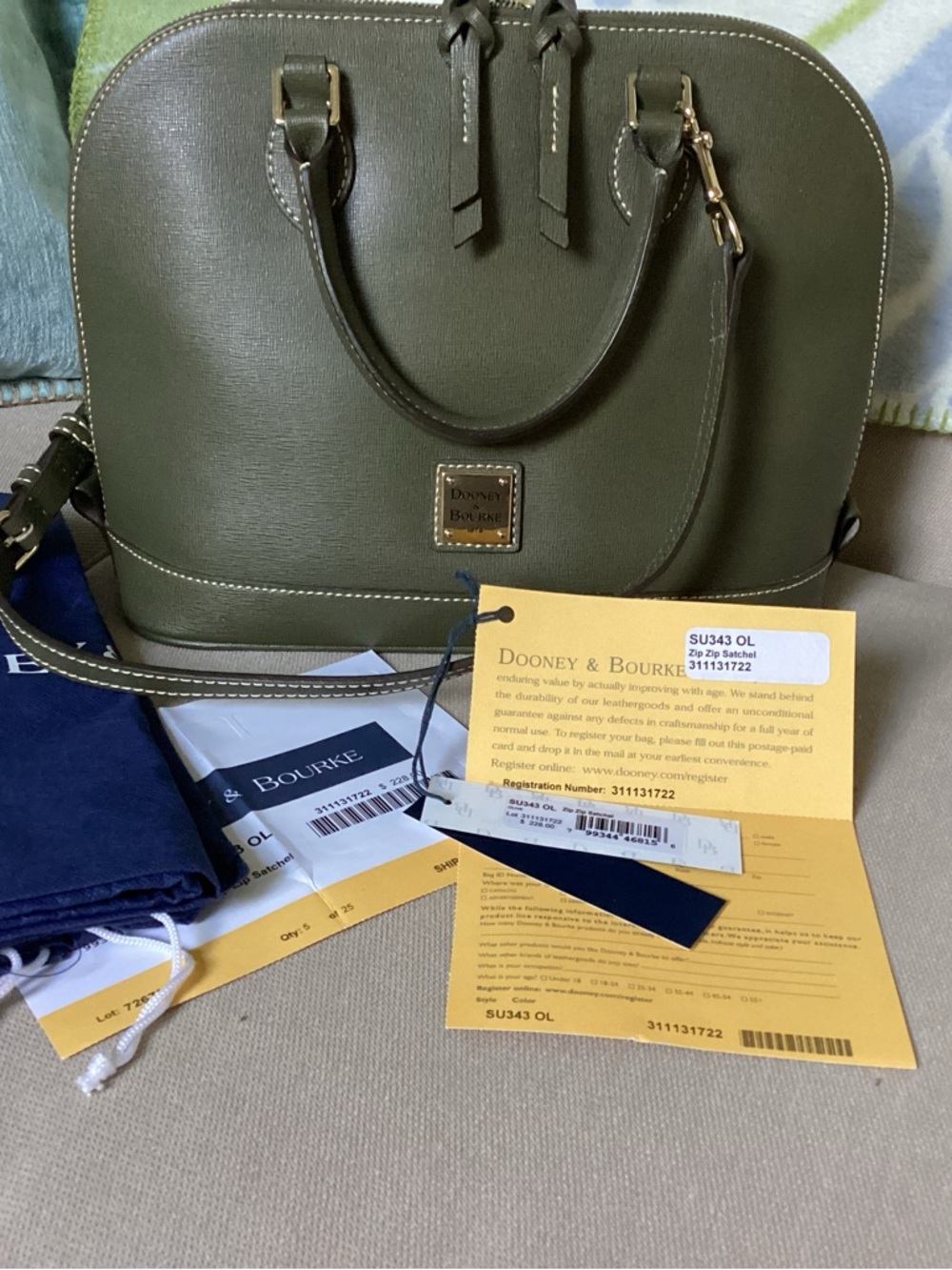 Dooney & Bourke Olive Saffiano Leather Satchel with Gold Hardware - Picture 2 of 13